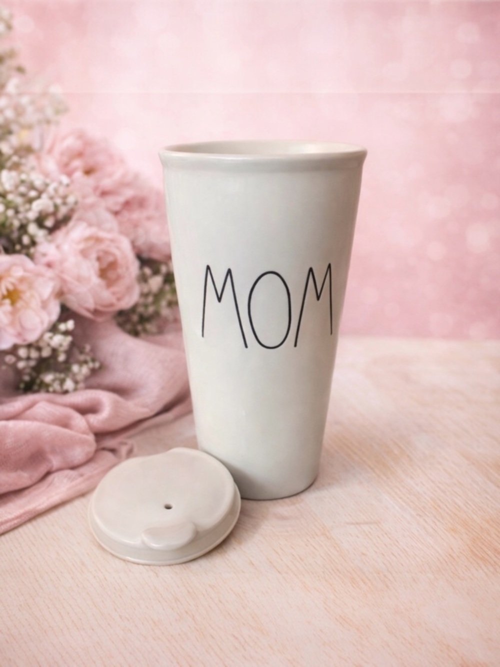 RAE DUNN MOM Ceramic Cream Tumbler with Lid Magenta Artisan Collection NEW